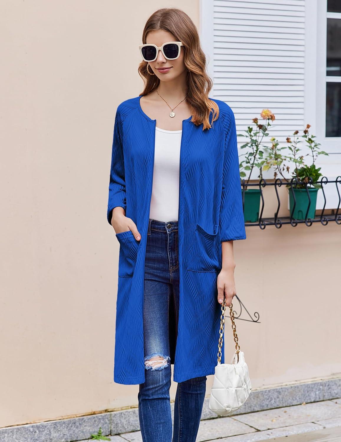 imageEkouaer Women Zipper Robes 34 Sleeve Ribbed Knit Bathrobe Lightweight Knee Length Loungewear Housecoat with Pockets S3XLSky Blue