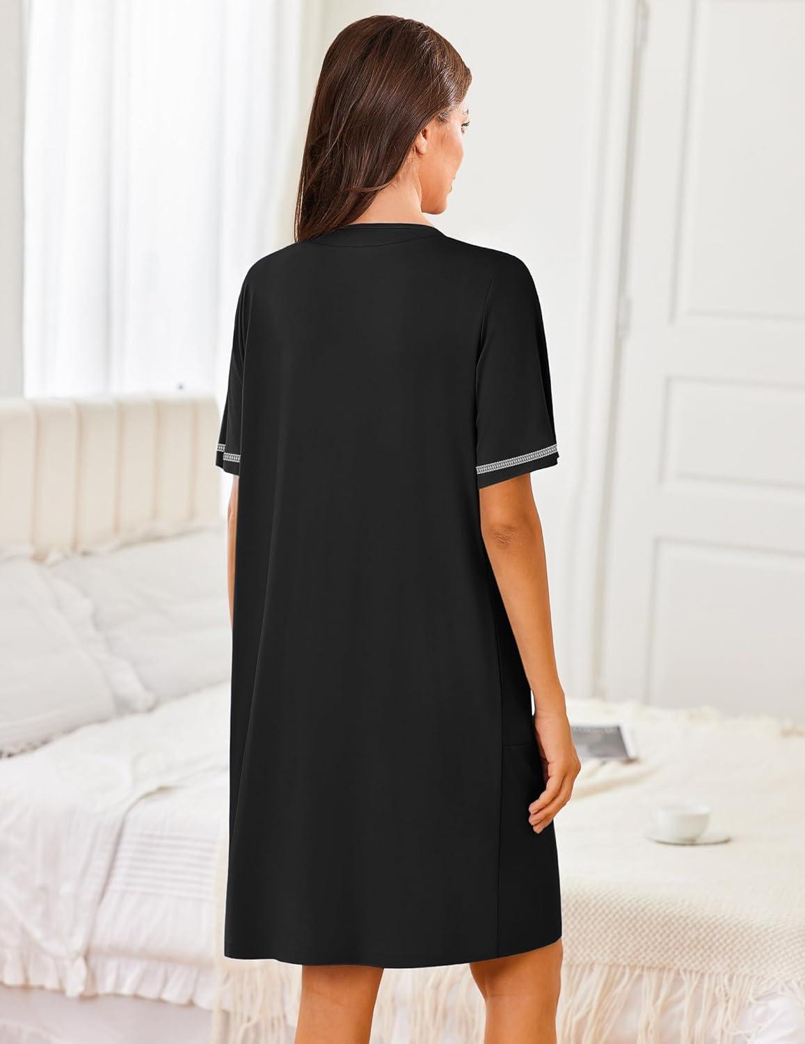imageEkouaer Women Zipper Robes Short Sleeves Housecoat Lightweight Bathrobes Zip Up Robe Casual Nightgown with Pockets S2XLBlack