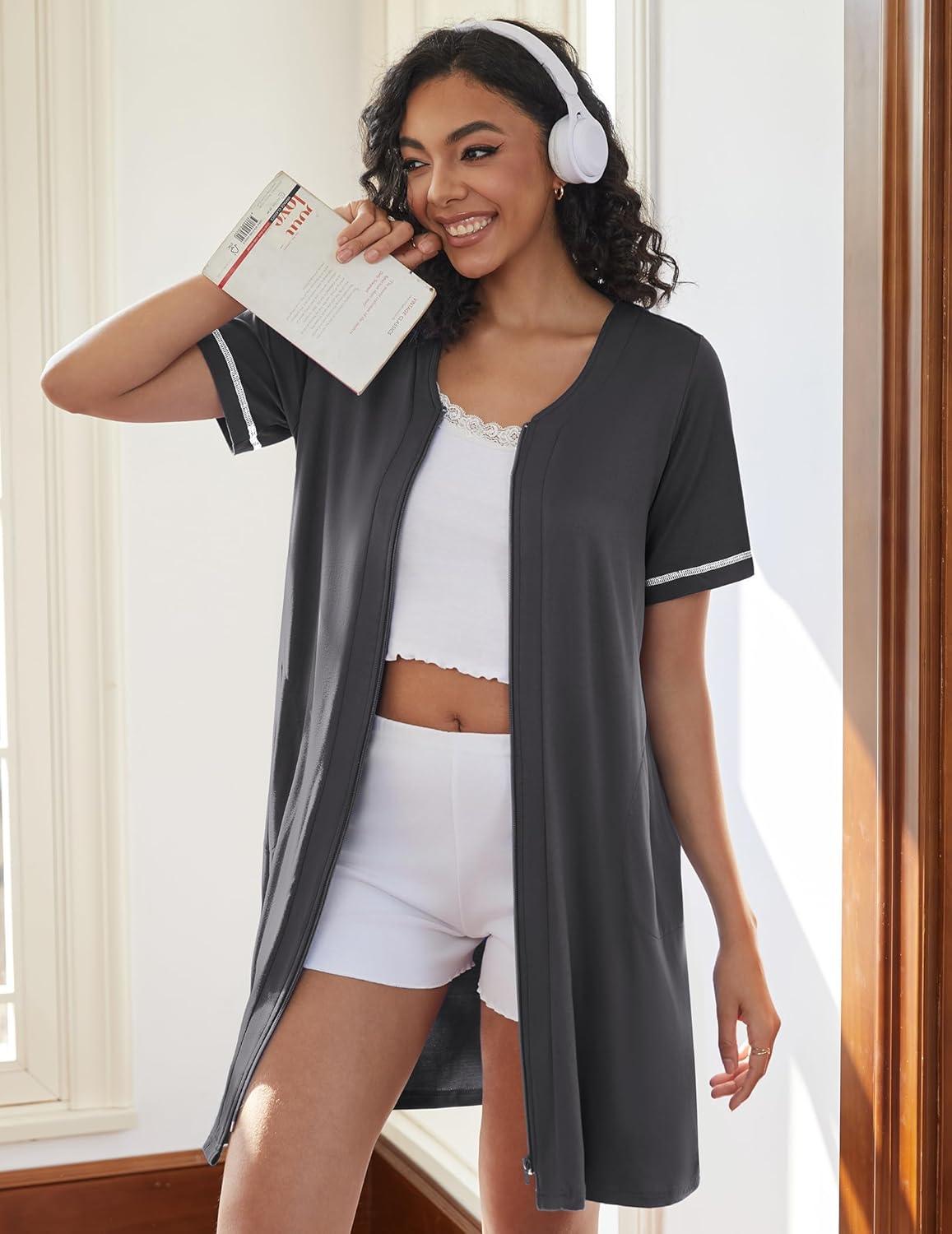 imageEkouaer Women Zipper Robes Short Sleeves Housecoat Lightweight Bathrobes Zip Up Robe Casual Nightgown with Pockets S2XLDark Gray