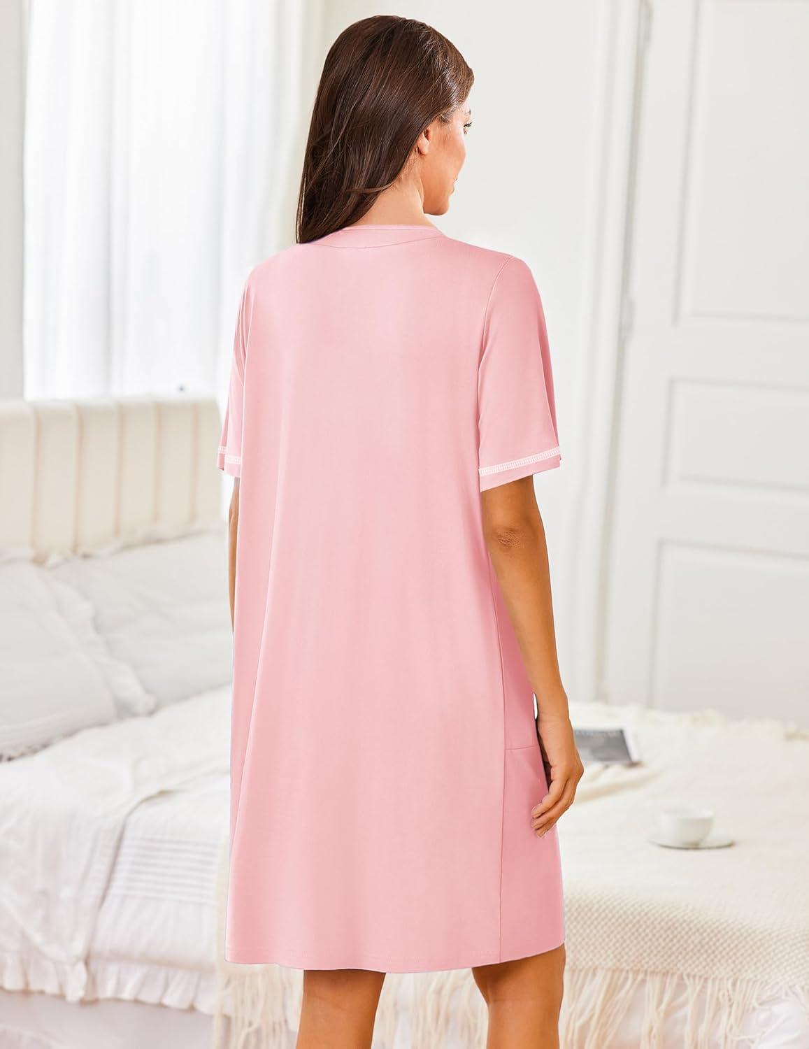 imageEkouaer Women Zipper Robes Short Sleeves Housecoat Lightweight Bathrobes Zip Up Robe Casual Nightgown with Pockets S2XLPink