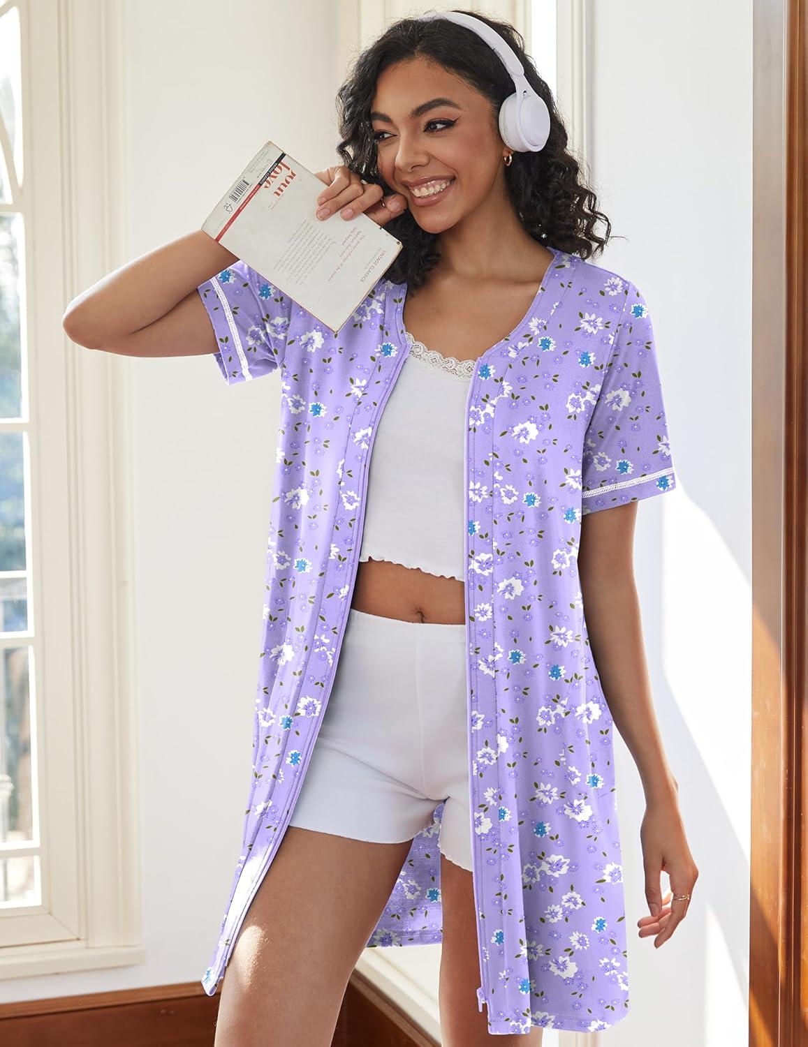 imageEkouaer Women Zipper Robes Short Sleeves Housecoat Lightweight Bathrobes Zip Up Robe Casual Nightgown with Pockets S2XLPurple Floral