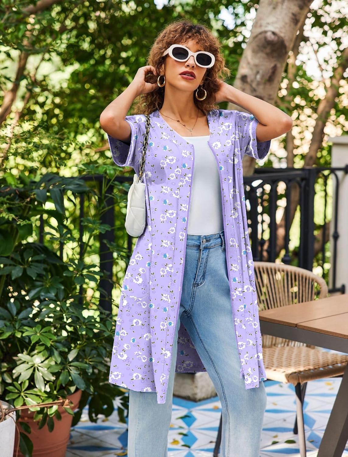imageEkouaer Women Zipper Robes Short Sleeves Housecoat Lightweight Bathrobes Zip Up Robe Casual Nightgown with Pockets S2XLPurple Floral