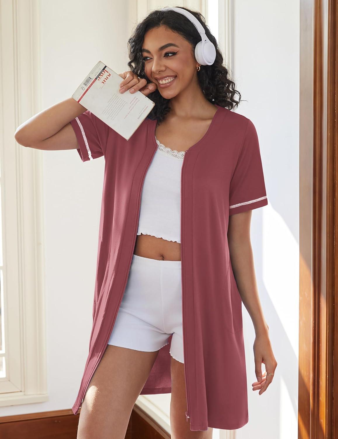 imageEkouaer Women Zipper Robes Short Sleeves Housecoat Lightweight Bathrobes Zip Up Robe Casual Nightgown with Pockets S2XLPurple Gray Red