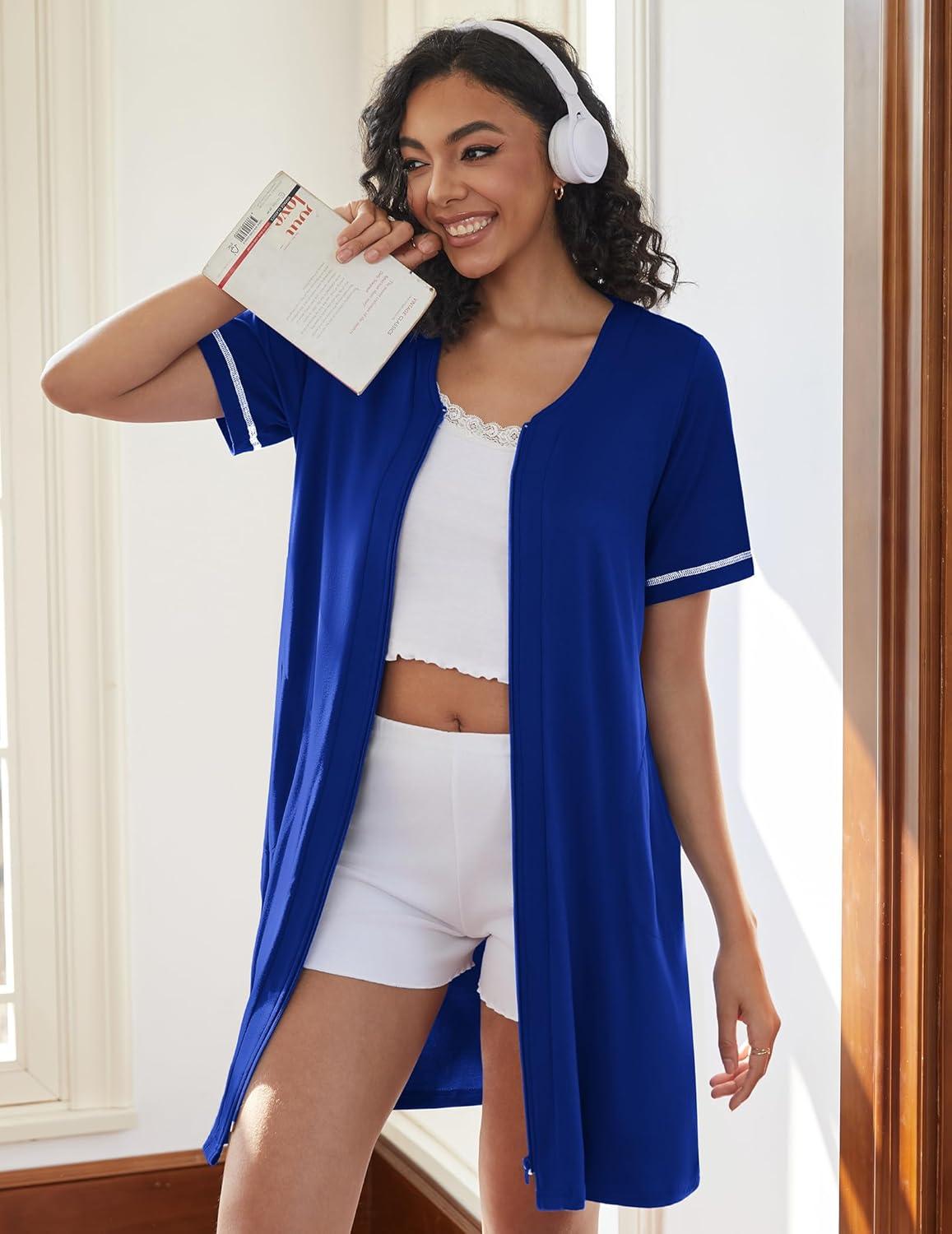 imageEkouaer Women Zipper Robes Short Sleeves Housecoat Lightweight Bathrobes Zip Up Robe Casual Nightgown with Pockets S2XLSky Blue