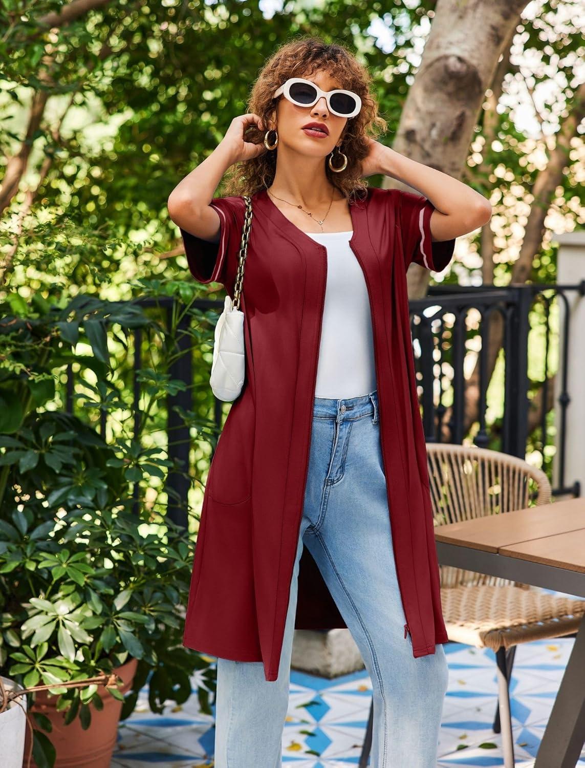 imageEkouaer Women Zipper Robes Short Sleeves Housecoat Lightweight Bathrobes Zip Up Robe Casual Nightgown with Pockets S2XLWine Red