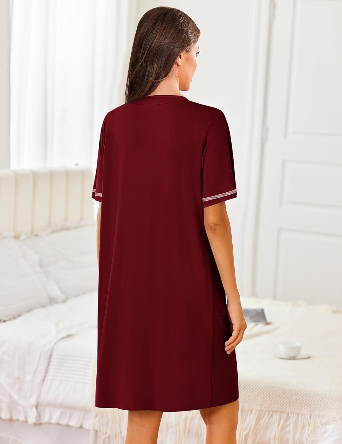 imageEkouaer Women Zipper Robes Short Sleeves Housecoat Lightweight Bathrobes Zip Up Robe Casual Nightgown with Pockets S2XLWine Red