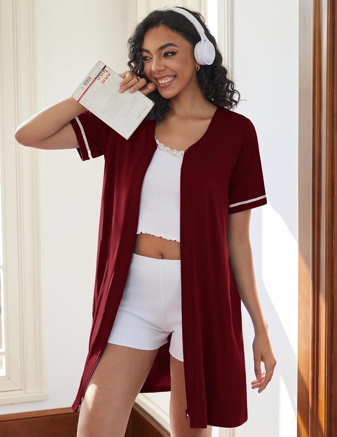 imageEkouaer Women Zipper Robes Short Sleeves Housecoat Lightweight Bathrobes Zip Up Robe Casual Nightgown with Pockets S2XLWine Red