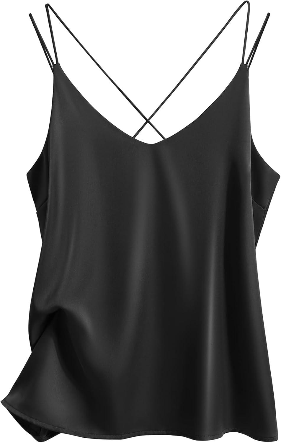 imageEkouaer Womens 2Pack Silk Satin Camisole Tank Top V Neck Sexy Cross Back Spaghetti Strap Cami Sleeveless Lounge Tops SXXLBlack