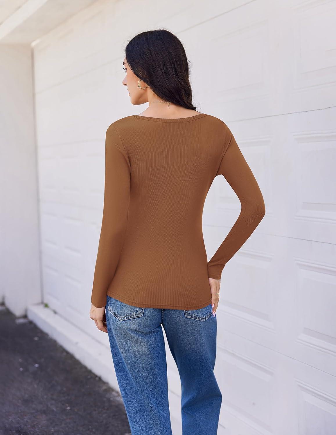 imageEkouaer Womens 3 Pack Long Sleeve Shirts V Neck Ribbed Slim Fit Basic Tops Thermal Undershirts Casual Tee XSXXLBlackLight BrownRed