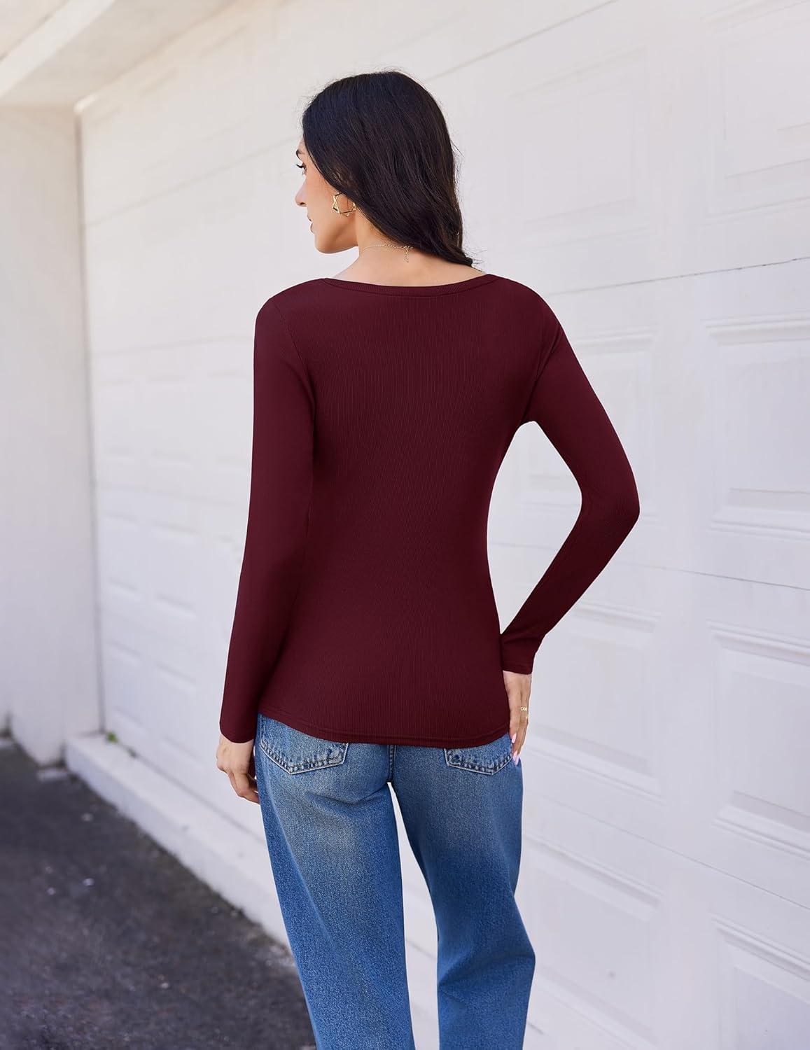 imageEkouaer Womens 3 Pack Long Sleeve Shirts V Neck Ribbed Slim Fit Basic Tops Thermal Undershirts Casual Tee XSXXLBlackNavyDark Red