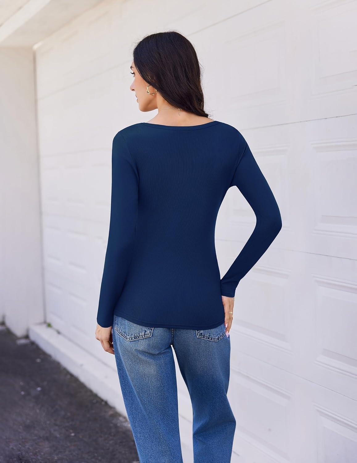 imageEkouaer Womens 3 Pack Long Sleeve Shirts V Neck Ribbed Slim Fit Basic Tops Thermal Undershirts Casual Tee XSXXLBlackNavyRed