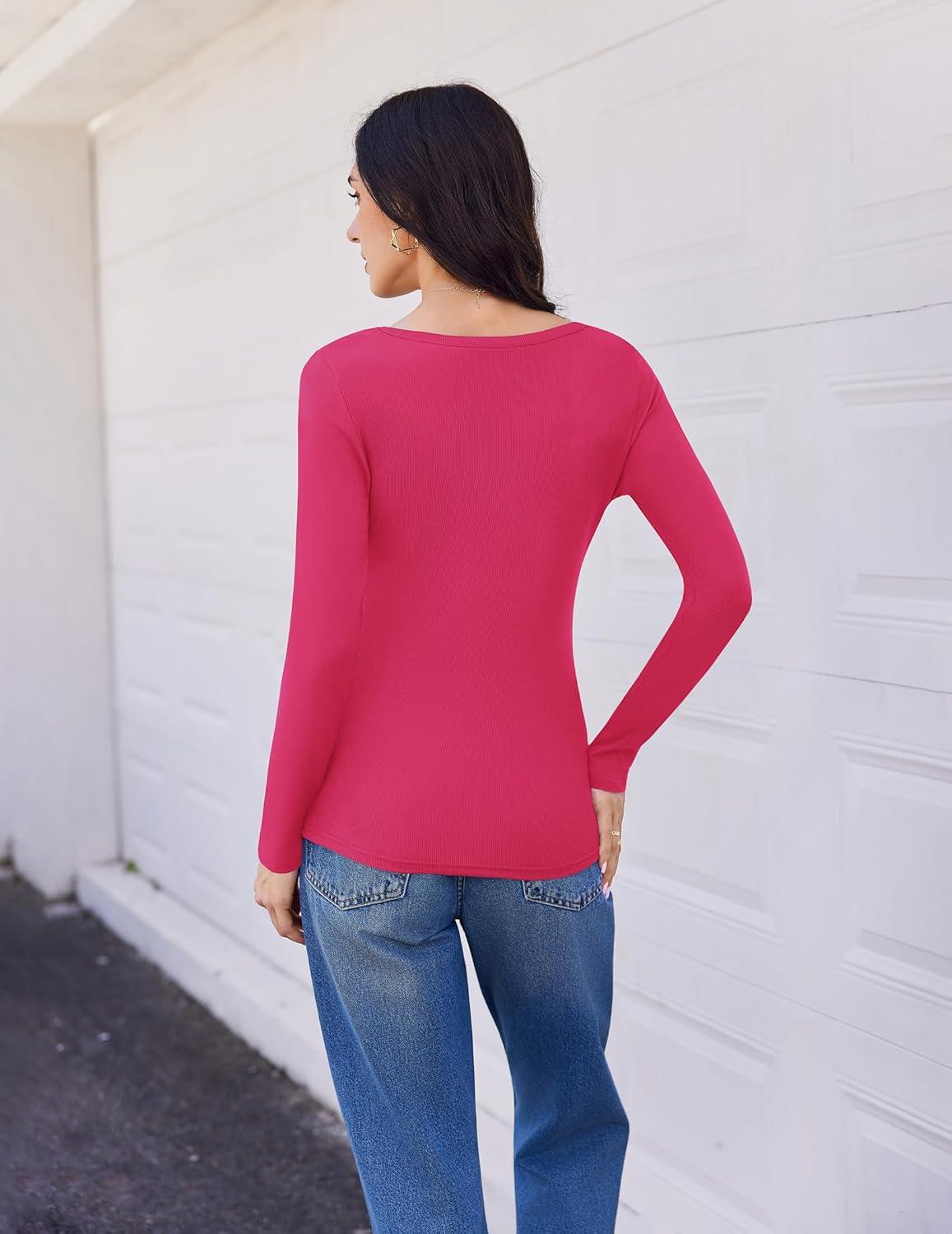 imageEkouaer Womens 3 Pack Long Sleeve Shirts V Neck Ribbed Slim Fit Basic Tops Thermal Undershirts Casual Tee XSXXLBlackWhiteRose Red