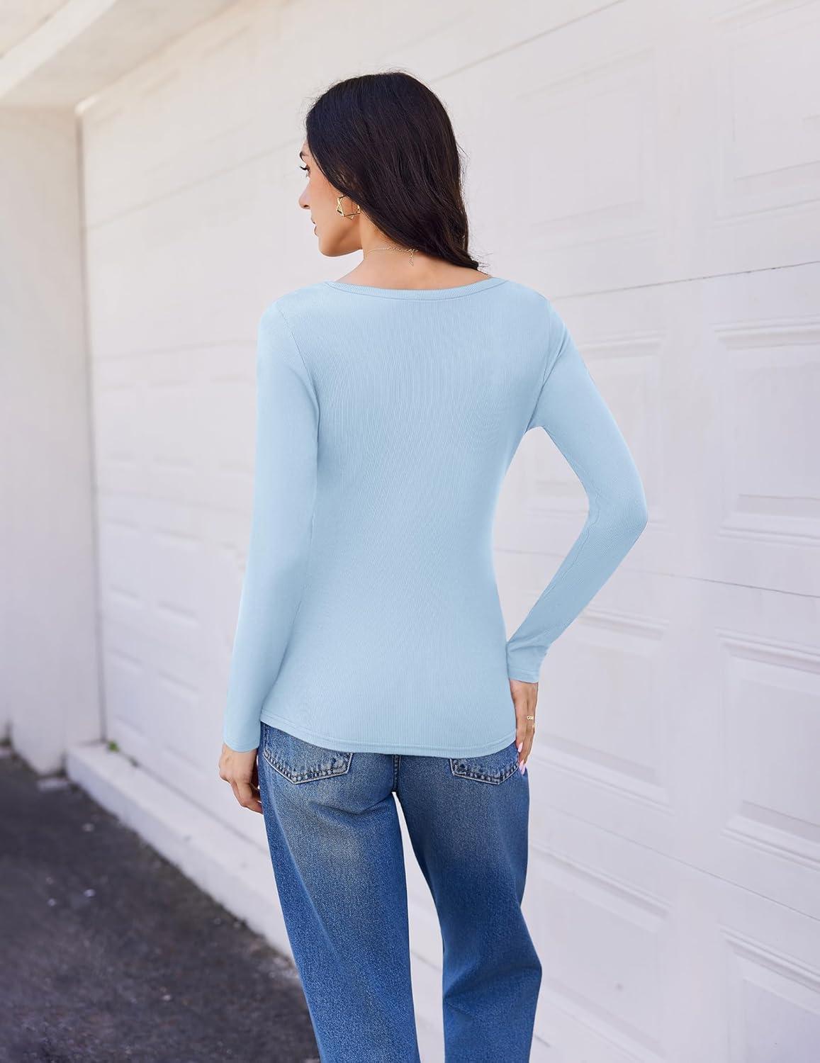 imageEkouaer Womens 3 Pack Long Sleeve Shirts V Neck Ribbed Slim Fit Basic Tops Thermal Undershirts Casual Tee XSXXLLight BluePinkLight Green