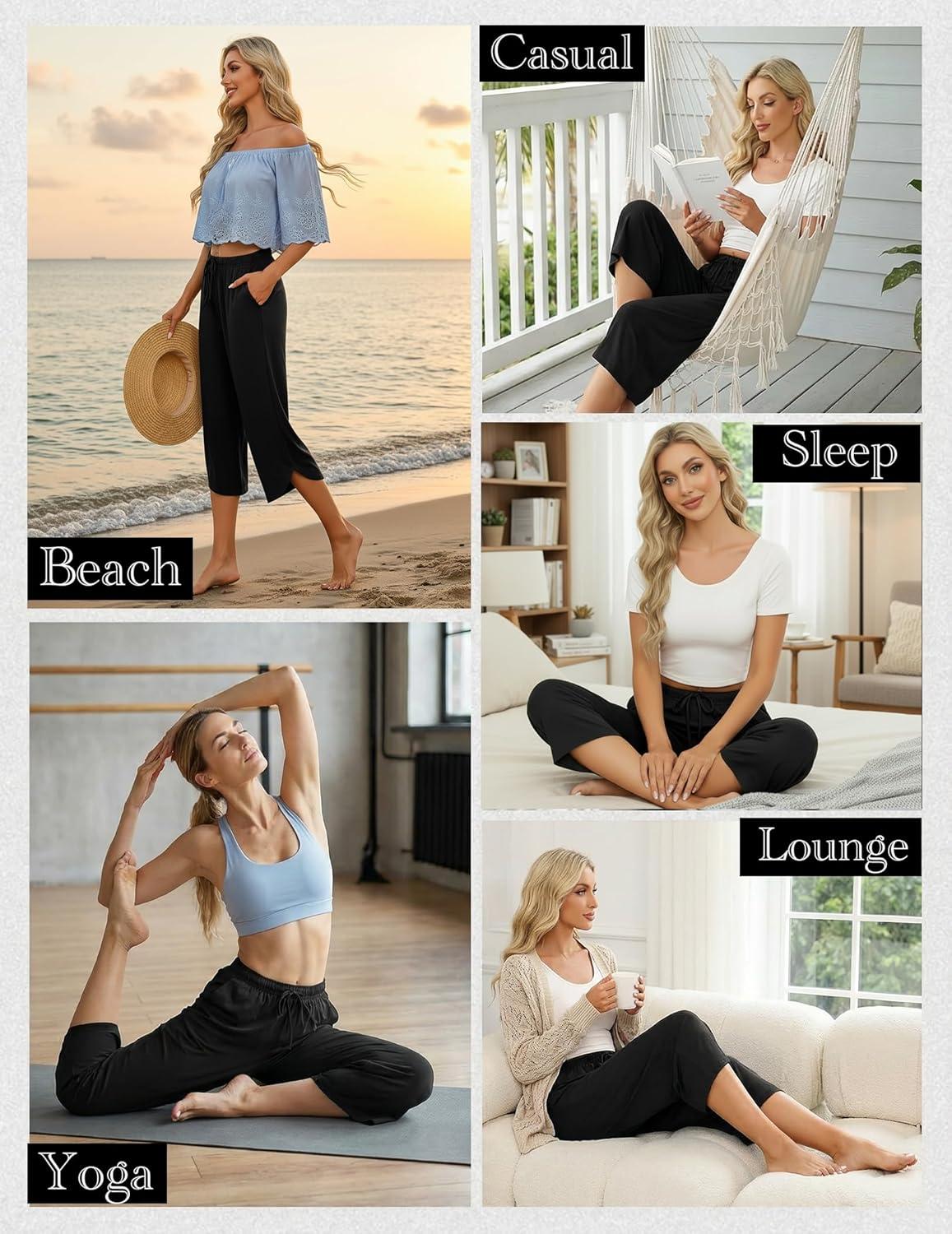 imageEkouaer Womens Pajama Pants Capri Wide Leg lounge Pj Pants Summer Comfy Drawstring Pajama Bottoms with PocketsLight Gray