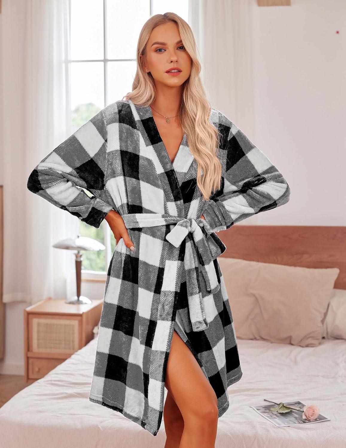imageEkouaer Womens Robes Short Plush Bathrobe Knee Length Warm Soft Jacquard Robe Winter House Coat with Pockets SXXLBlackwhite Plaid
