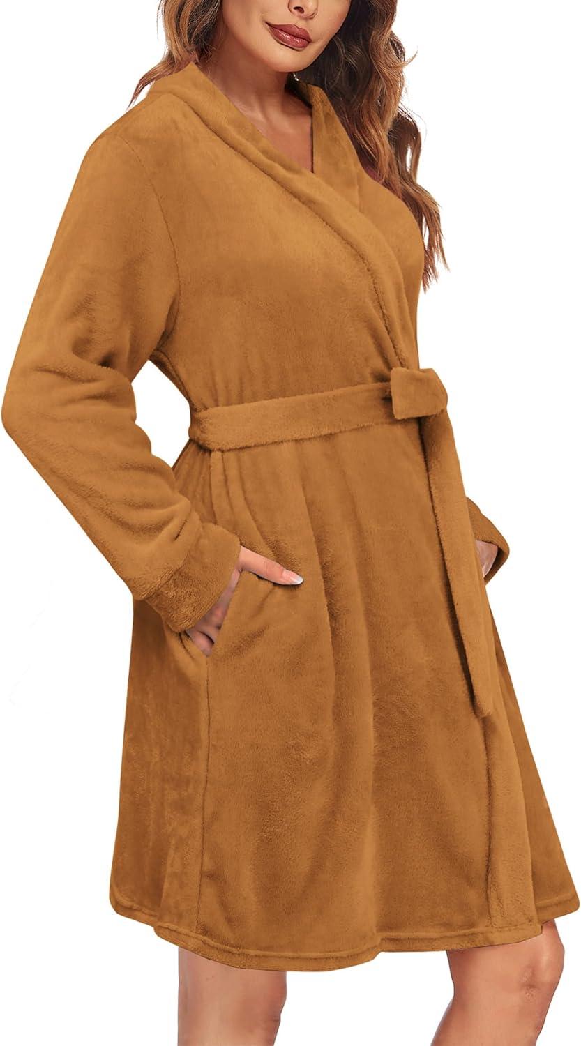 imageEkouaer Womens Robes Short Plush Bathrobe Knee Length Warm Soft Jacquard Robe Winter House Coat with Pockets SXXLKhaki