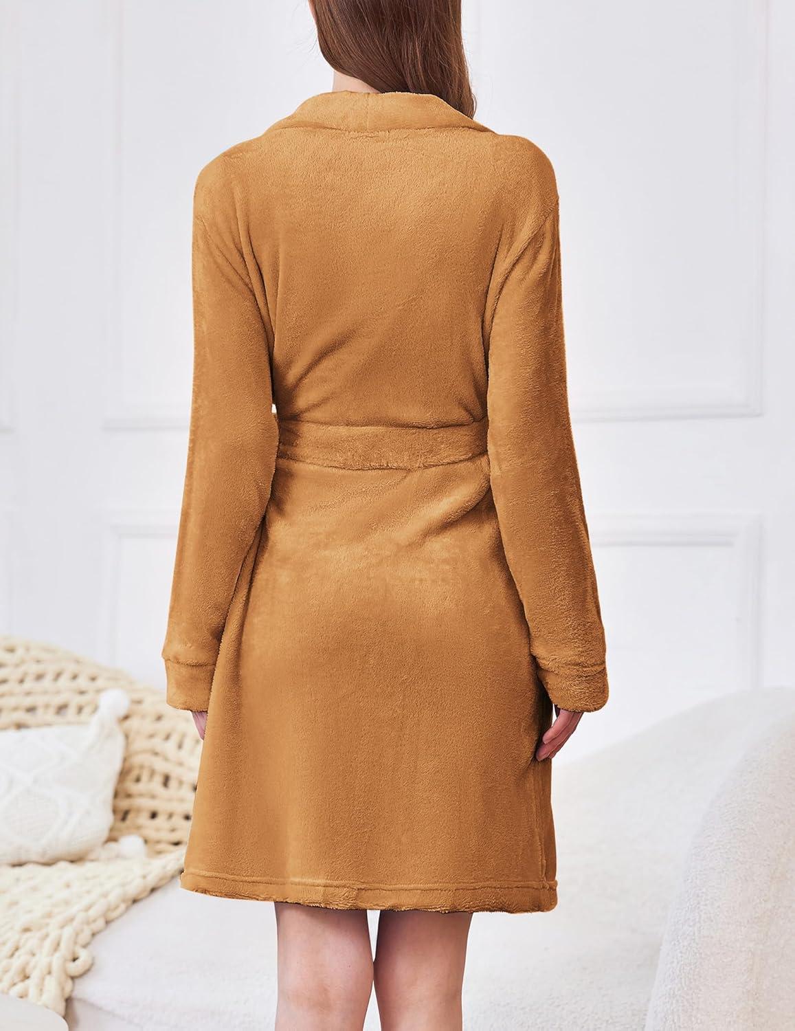 imageEkouaer Womens Robes Short Plush Bathrobe Knee Length Warm Soft Jacquard Robe Winter House Coat with Pockets SXXLKhaki