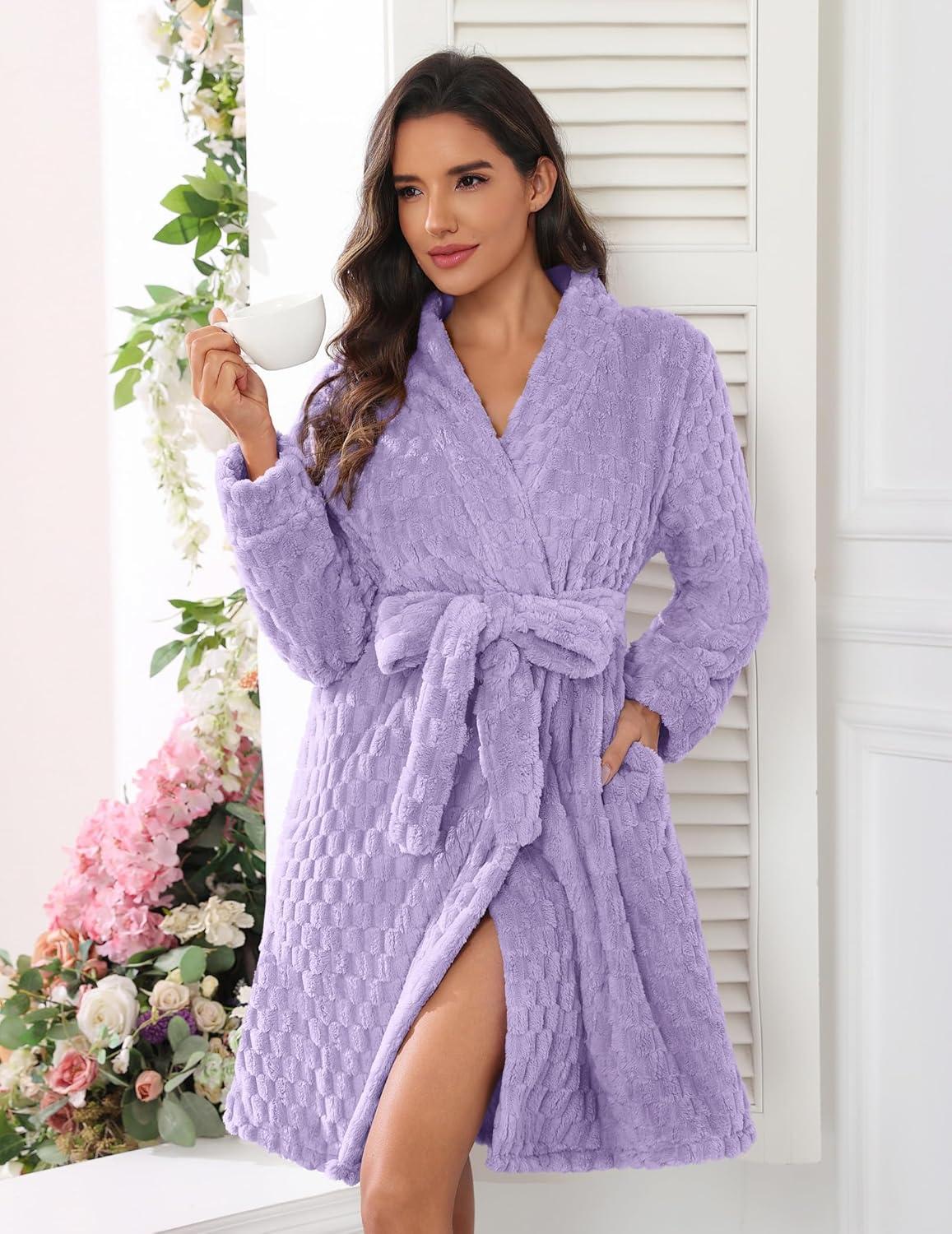 imageEkouaer Womens Robes Short Plush Bathrobe Knee Length Warm Soft Jacquard Robe Winter House Coat with Pockets SXXLLight Purple Jacquard