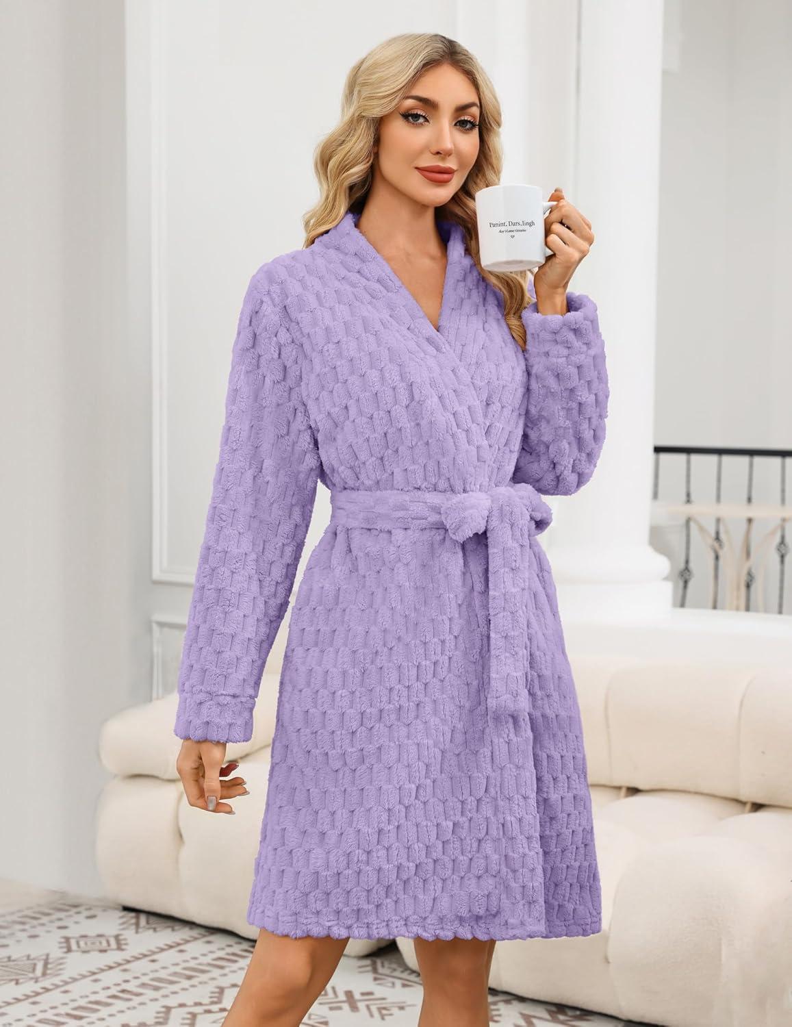 imageEkouaer Womens Robes Short Plush Bathrobe Knee Length Warm Soft Jacquard Robe Winter House Coat with Pockets SXXLLight Purple Jacquard