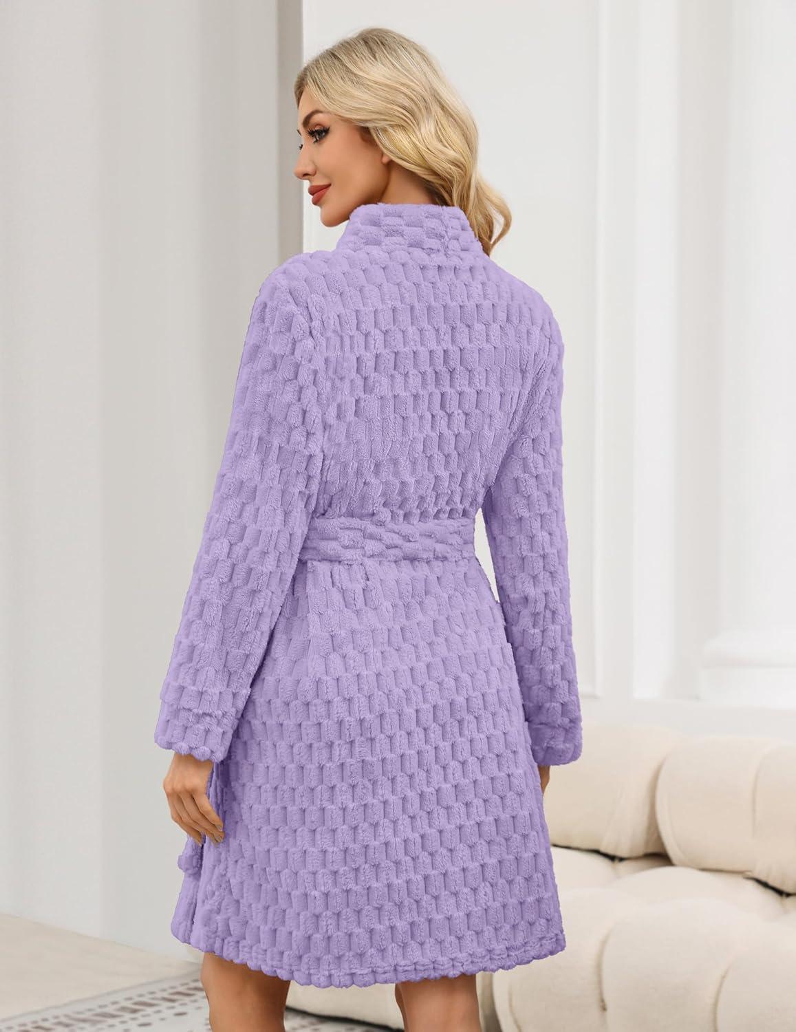 imageEkouaer Womens Robes Short Plush Bathrobe Knee Length Warm Soft Jacquard Robe Winter House Coat with Pockets SXXLLight Purple Jacquard