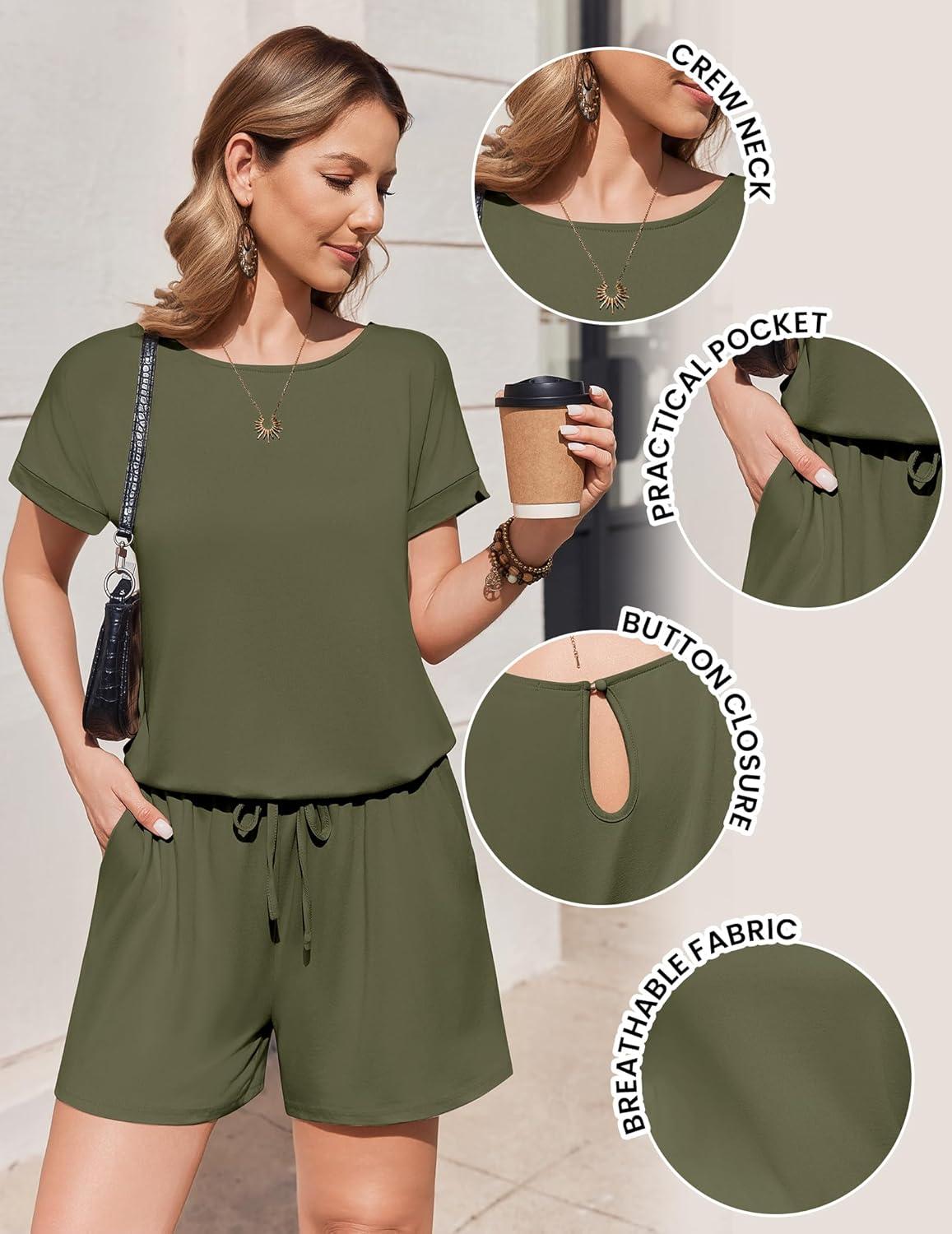 imageEkouaer Womens Romper 2026 Summer Casual Short Jumpsuits Beach Vacation Clothes with PocketsArmy Green