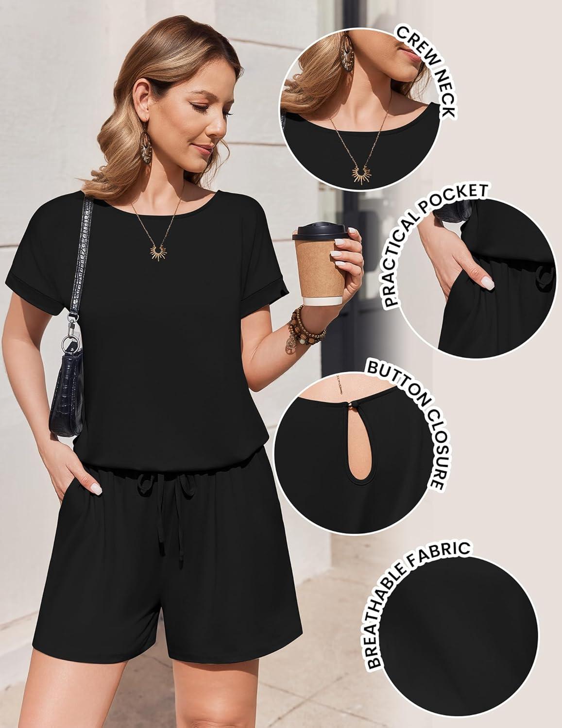 imageEkouaer Womens Romper 2026 Summer Casual Short Jumpsuits Beach Vacation Clothes with PocketsBlack