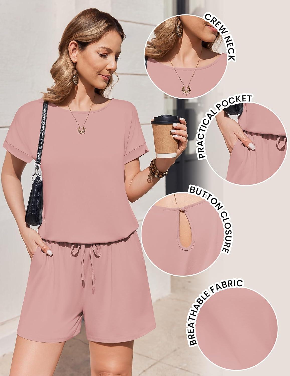 imageEkouaer Womens Romper 2026 Summer Casual Short Jumpsuits Beach Vacation Clothes with PocketsDirty Pink