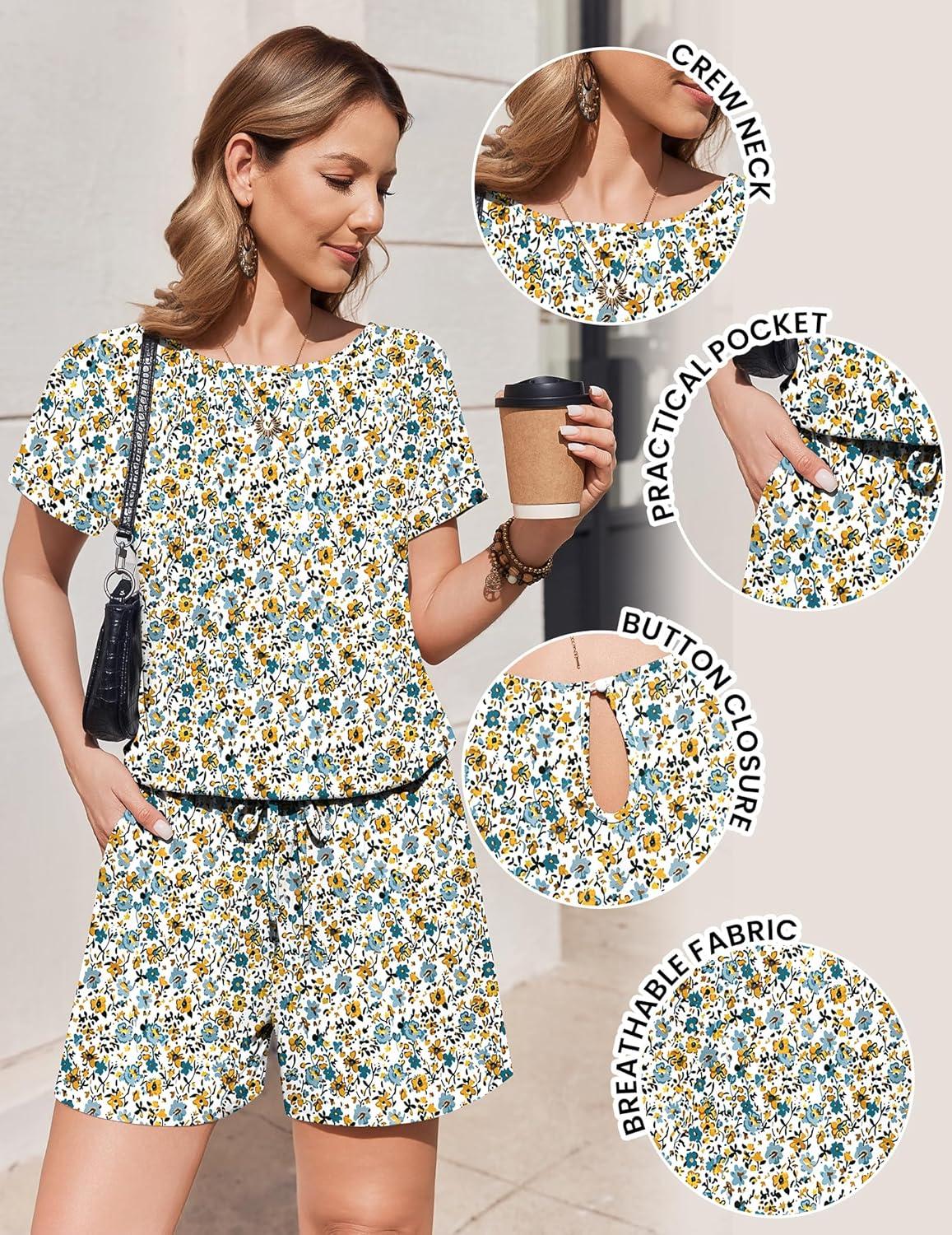 imageEkouaer Womens Romper 2026 Summer Casual Short Jumpsuits Beach Vacation Clothes with PocketsFloral Blue