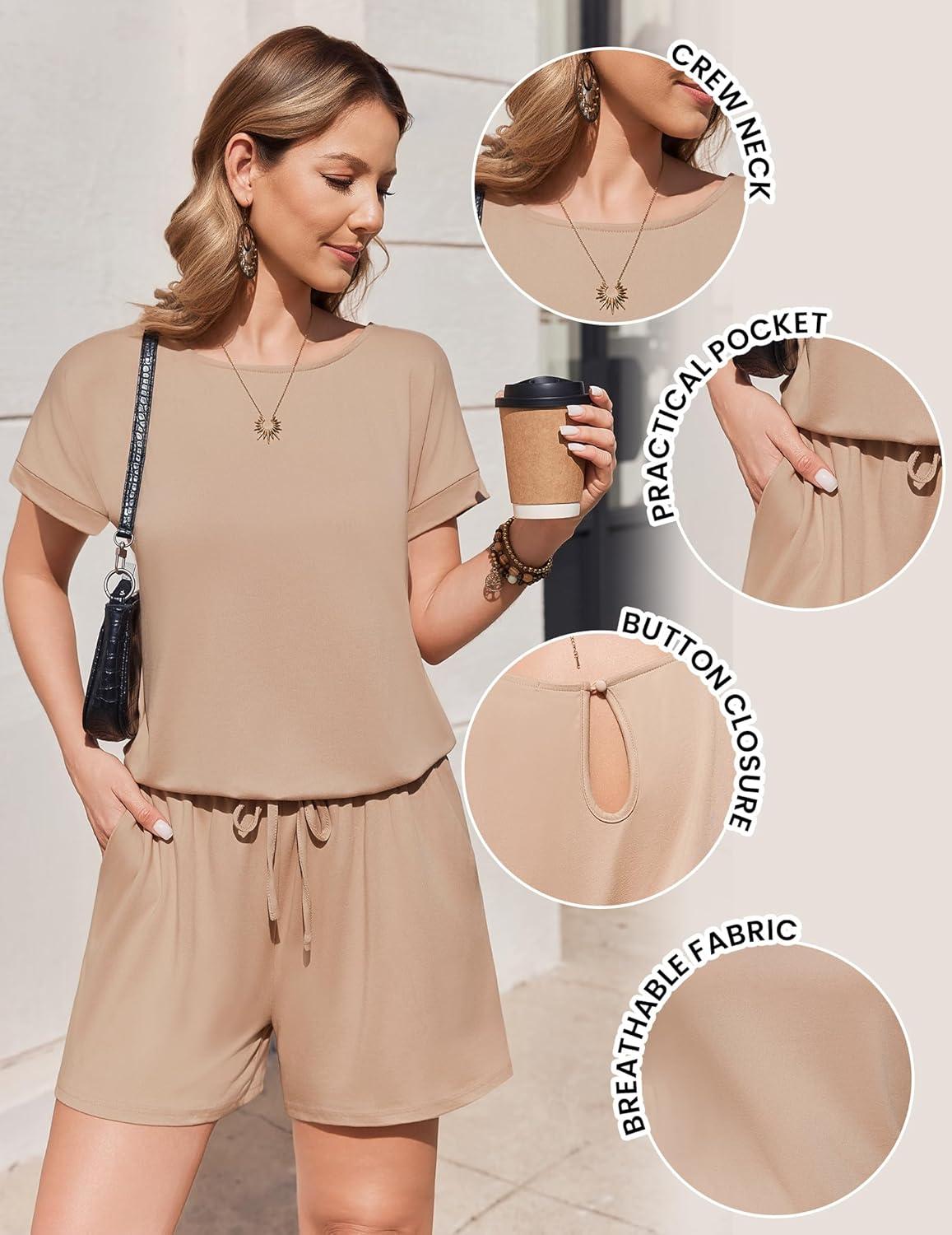 imageEkouaer Womens Romper 2026 Summer Casual Short Jumpsuits Beach Vacation Clothes with PocketsKhaki