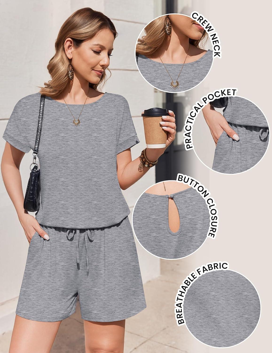 imageEkouaer Womens Romper 2026 Summer Casual Short Jumpsuits Beach Vacation Clothes with PocketsLight Gray