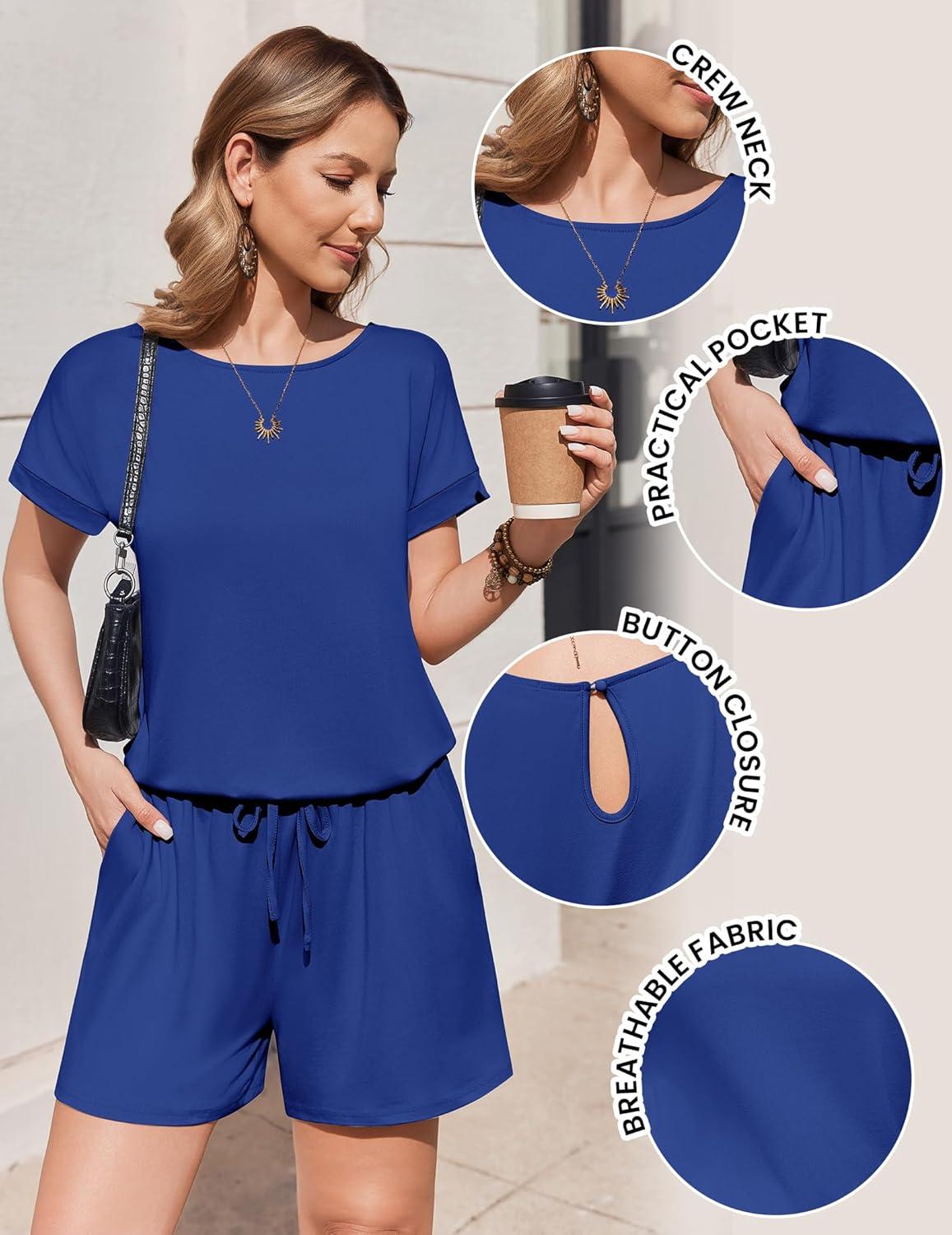 imageEkouaer Womens Romper 2026 Summer Casual Short Jumpsuits Beach Vacation Clothes with PocketsRoyal Blue
