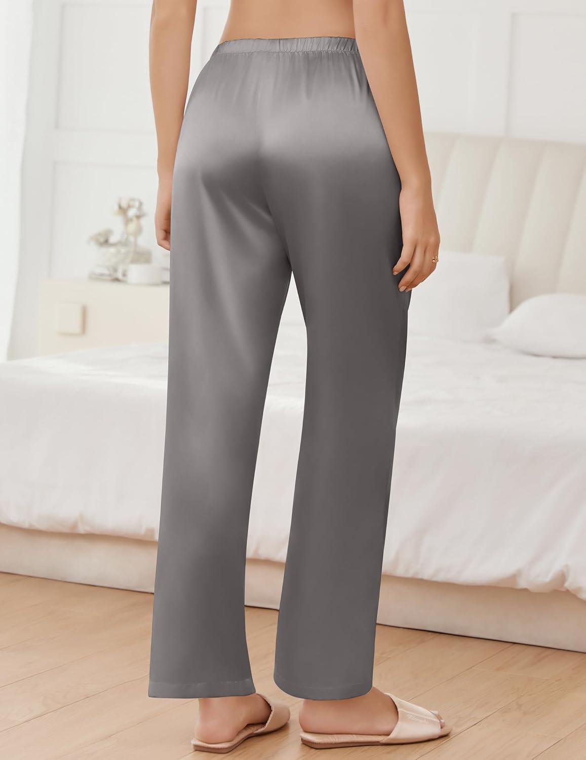 imageEkouaer Womens Silk Satin Pajama Pants Wide Leg Lounge Pants for Women Elastic Waist Pj Bottoms with Side PocketsDark Gray