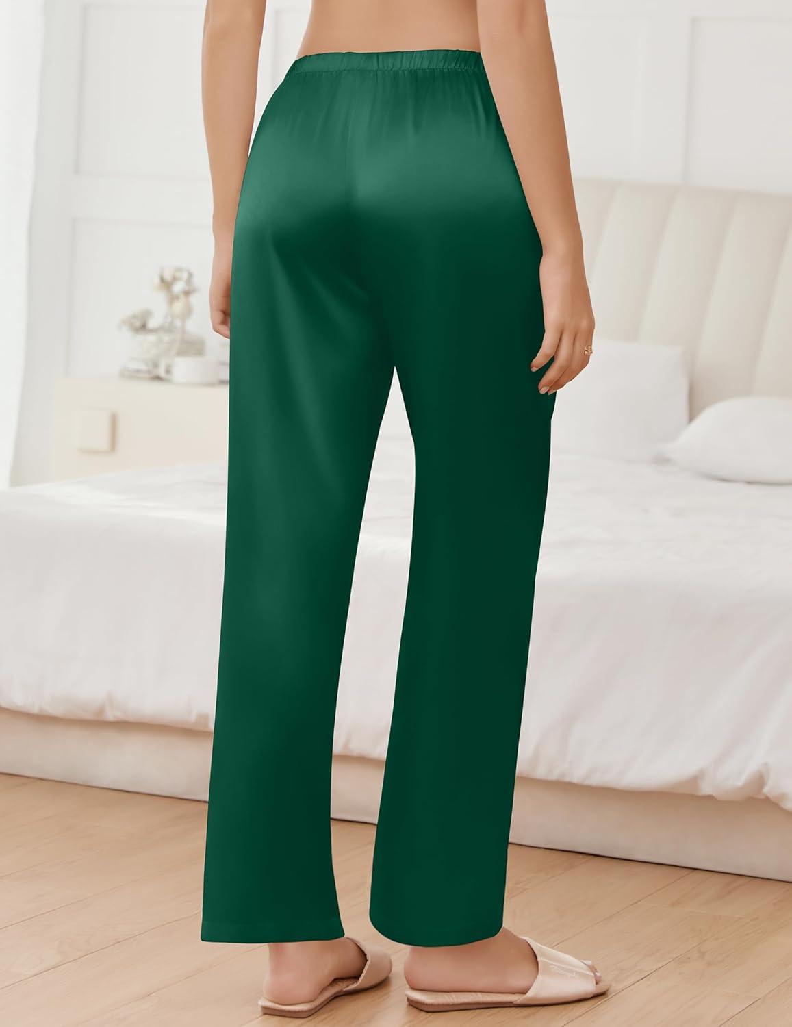 imageEkouaer Womens Silk Satin Pajama Pants Wide Leg Lounge Pants for Women Elastic Waist Pj Bottoms with Side PocketsDark Green