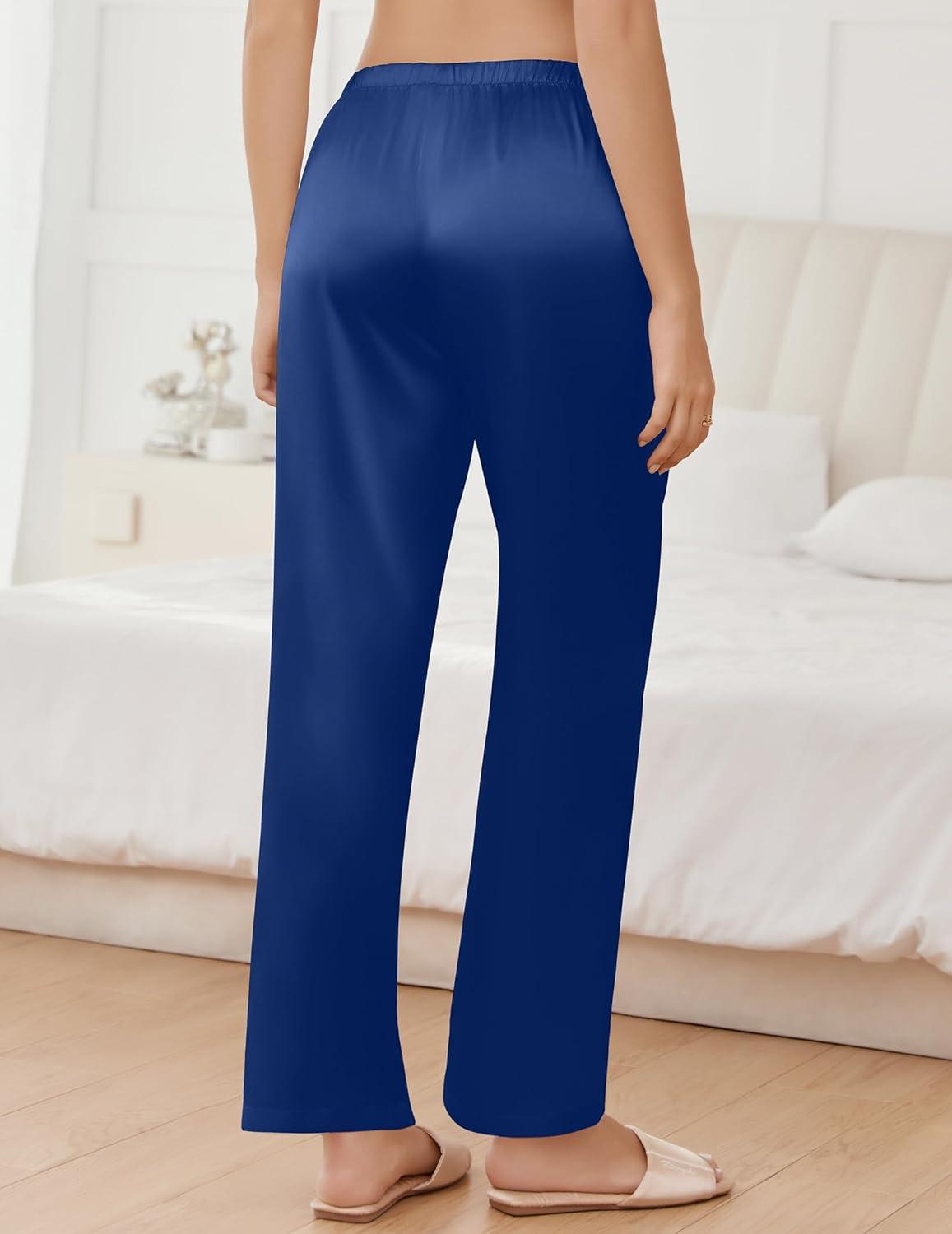 imageEkouaer Womens Silk Satin Pajama Pants Wide Leg Lounge Pants for Women Elastic Waist Pj Bottoms with Side PocketsNavy Blue