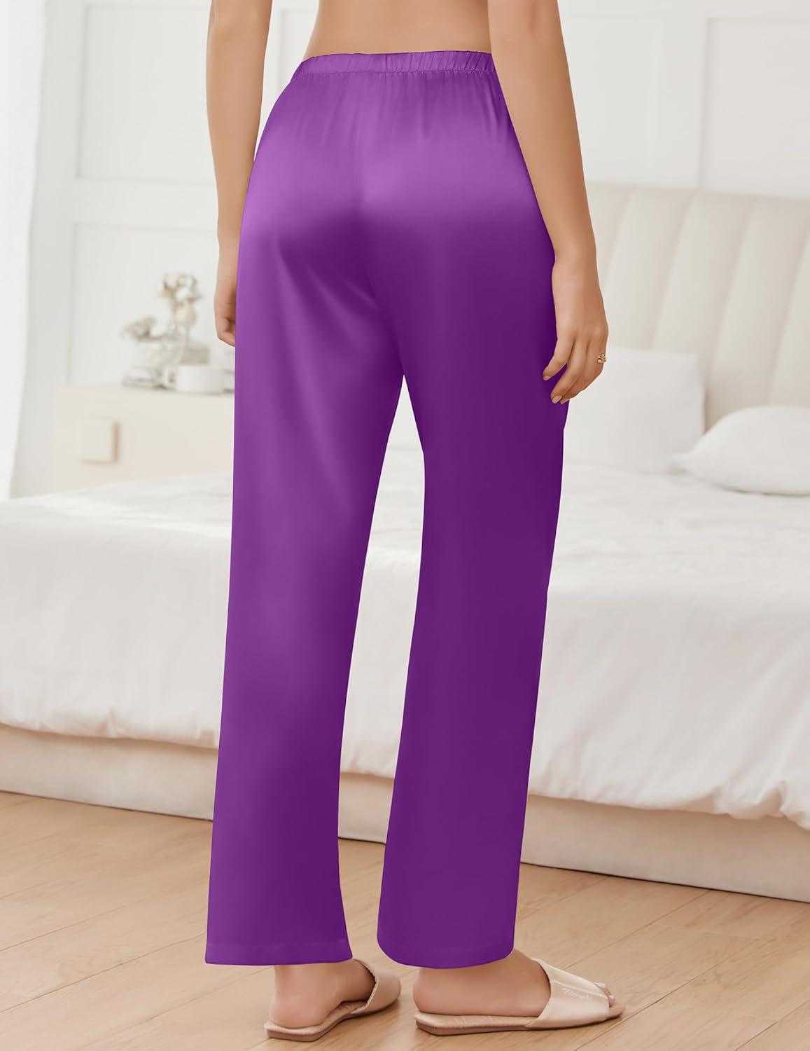 imageEkouaer Womens Silk Satin Pajama Pants Wide Leg Lounge Pants for Women Elastic Waist Pj Bottoms with Side PocketsPurple