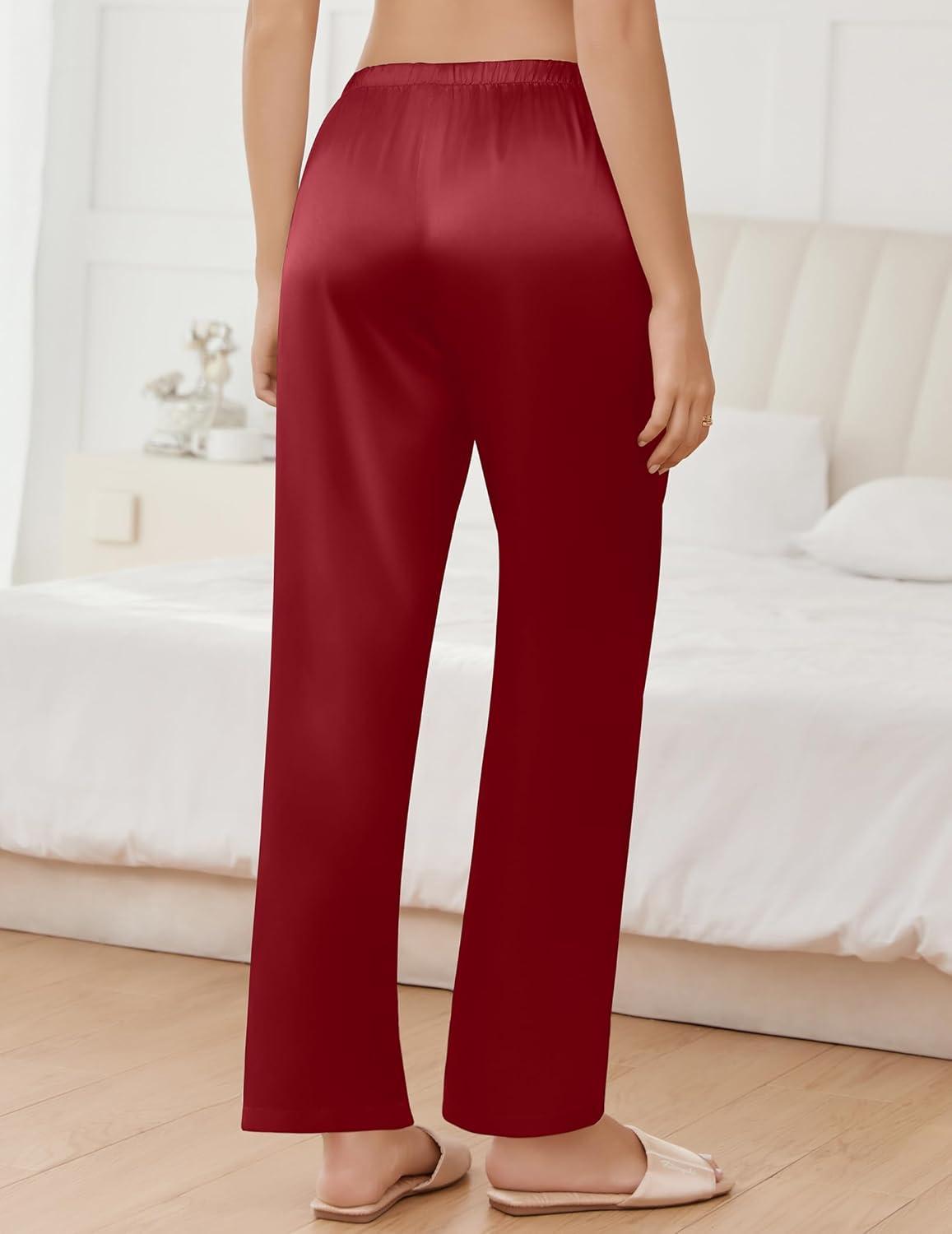 imageEkouaer Womens Silk Satin Pajama Pants Wide Leg Lounge Pants for Women Elastic Waist Pj Bottoms with Side PocketsWine Red