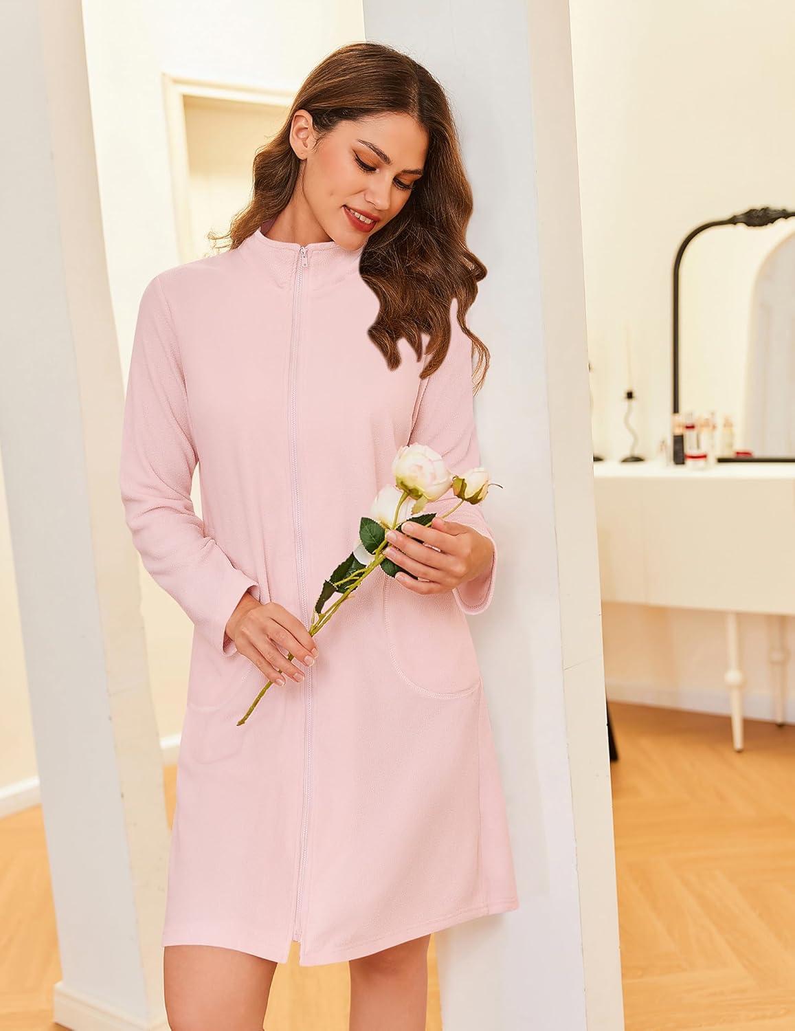 imageEkouaer Womens Zipper Robes Long Sleeves Bathobe Soft House Coat Sleepwear Knee Length Loungewear with Pockets SXXLLight Pink