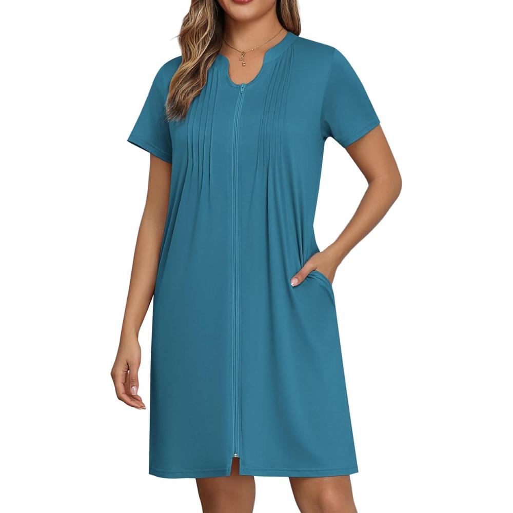 imageEKOUAER Women Zipper Robes Short Bathrobe Lightweight Mumu Duster House Coat with Pockets Soft Moo Moo NightgownBlue Green