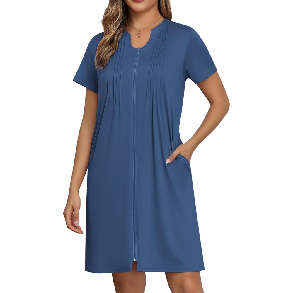 imageEKOUAER Women Zipper Robes Short Bathrobe Lightweight Mumu Duster House Coat with Pockets Soft Moo Moo NightgownDeep Blue