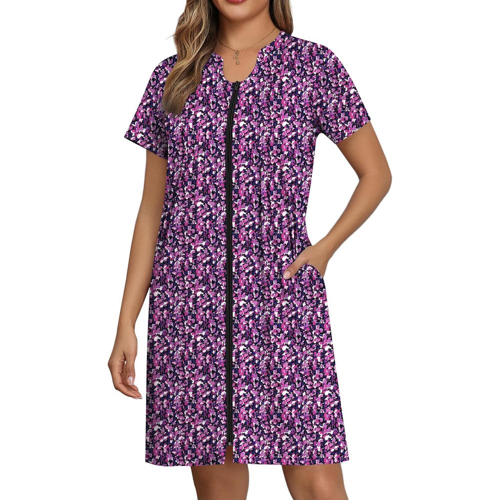 imageEKOUAER Women Zipper Robes Short Bathrobe Lightweight Mumu Duster House Coat with Pockets Soft Moo Moo NightgownFloral Purple