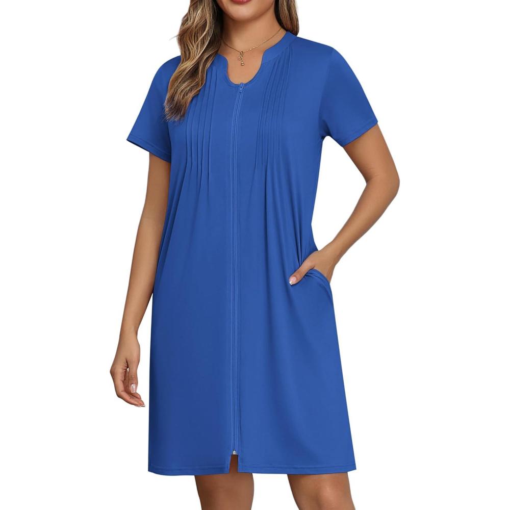 imageEKOUAER Women Zipper Robes Short Bathrobe Lightweight Mumu Duster House Coat with Pockets Soft Moo Moo NightgownRoyal Blue