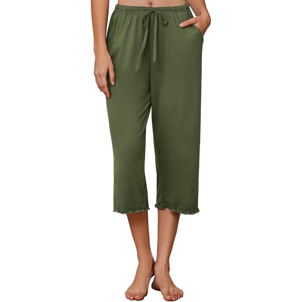 imageEKOUAER Womens Capri Pajama Pants Wide Leg Lounge Sleep Pants Soft Comfy Drawstring Pj Bottoms with PocketsArmy Green