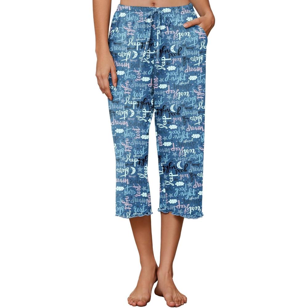 imageEKOUAER Womens Capri Pajama Pants Wide Leg Lounge Sleep Pants Soft Comfy Drawstring Pj Bottoms with PocketsBlue Letter