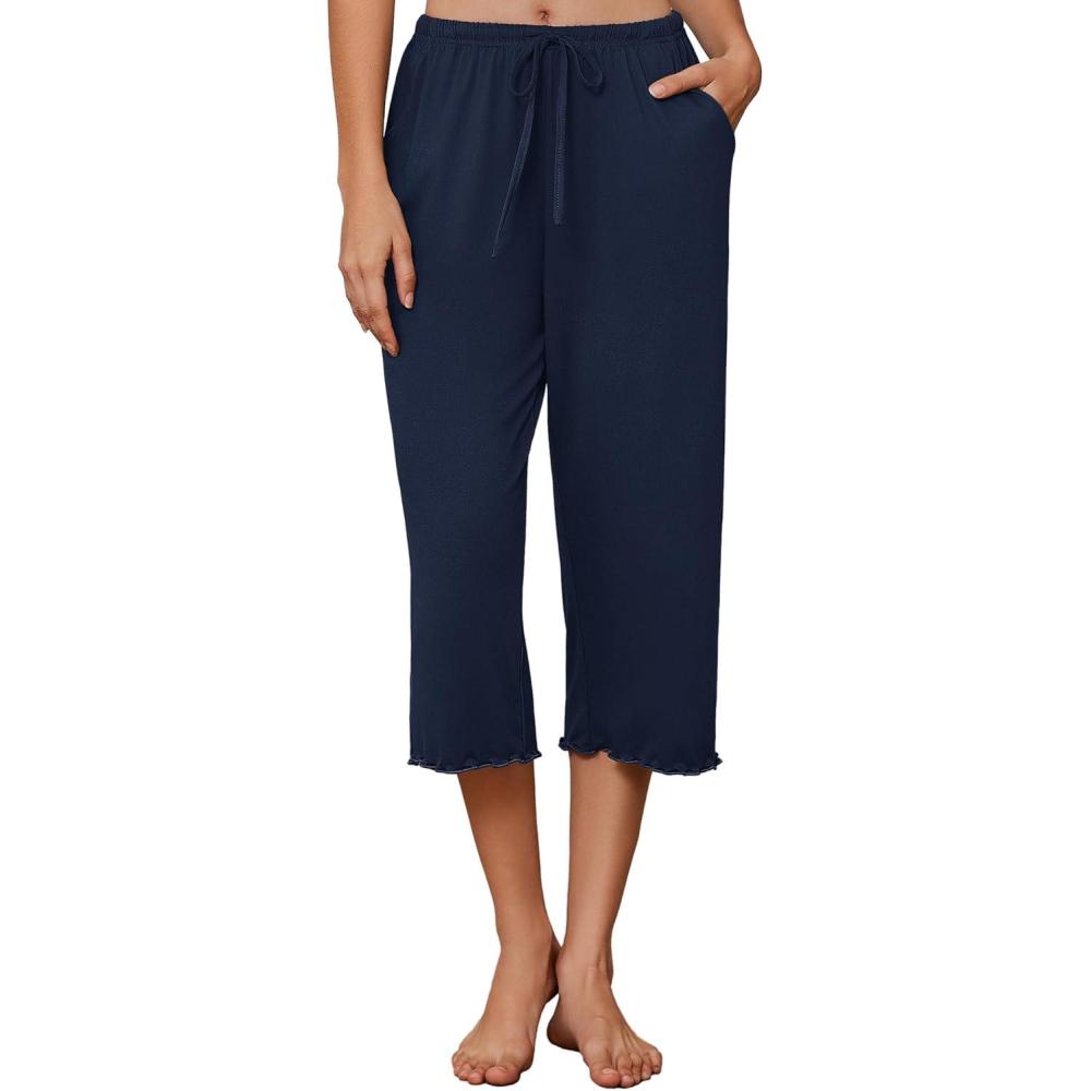 imageEKOUAER Womens Capri Pajama Pants Wide Leg Lounge Sleep Pants Soft Comfy Drawstring Pj Bottoms with PocketsNavy Blue