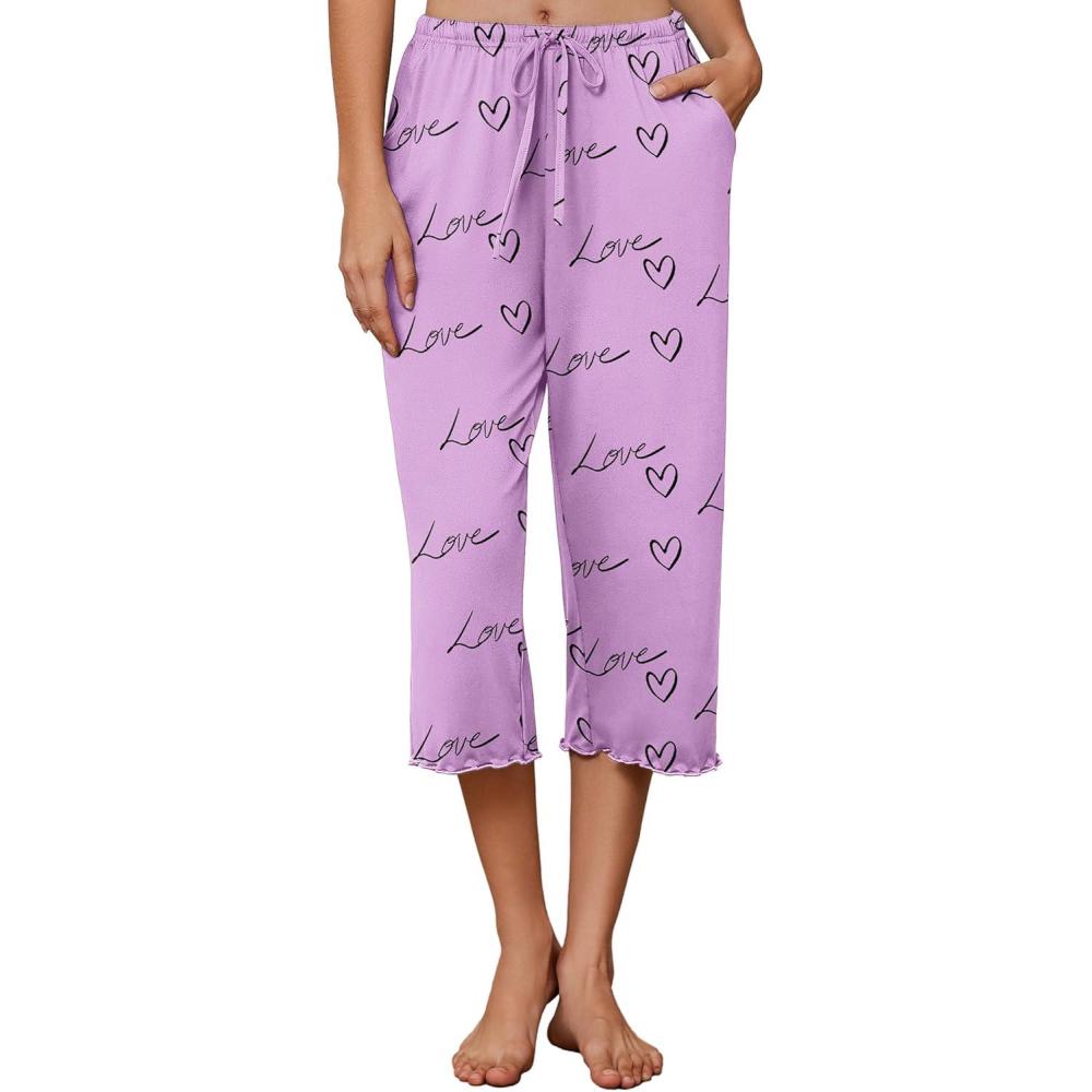imageEKOUAER Womens Capri Pajama Pants Wide Leg Lounge Sleep Pants Soft Comfy Drawstring Pj Bottoms with PocketsPink Love