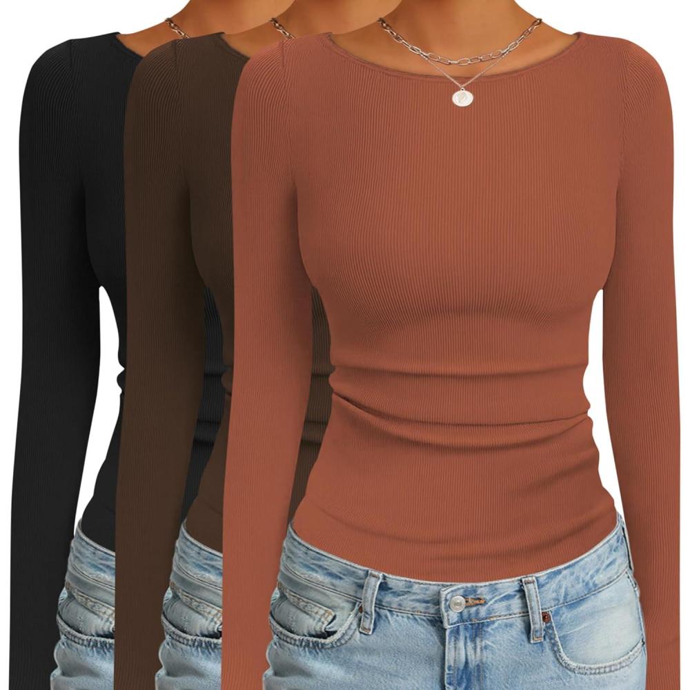 imageEkouaer 3 Pack Womens Long Sleeve Shirts Boat Neck Ribbed Thermal Undershirts Lightweight Basic Top XSXXLBlackCaramelBrown
