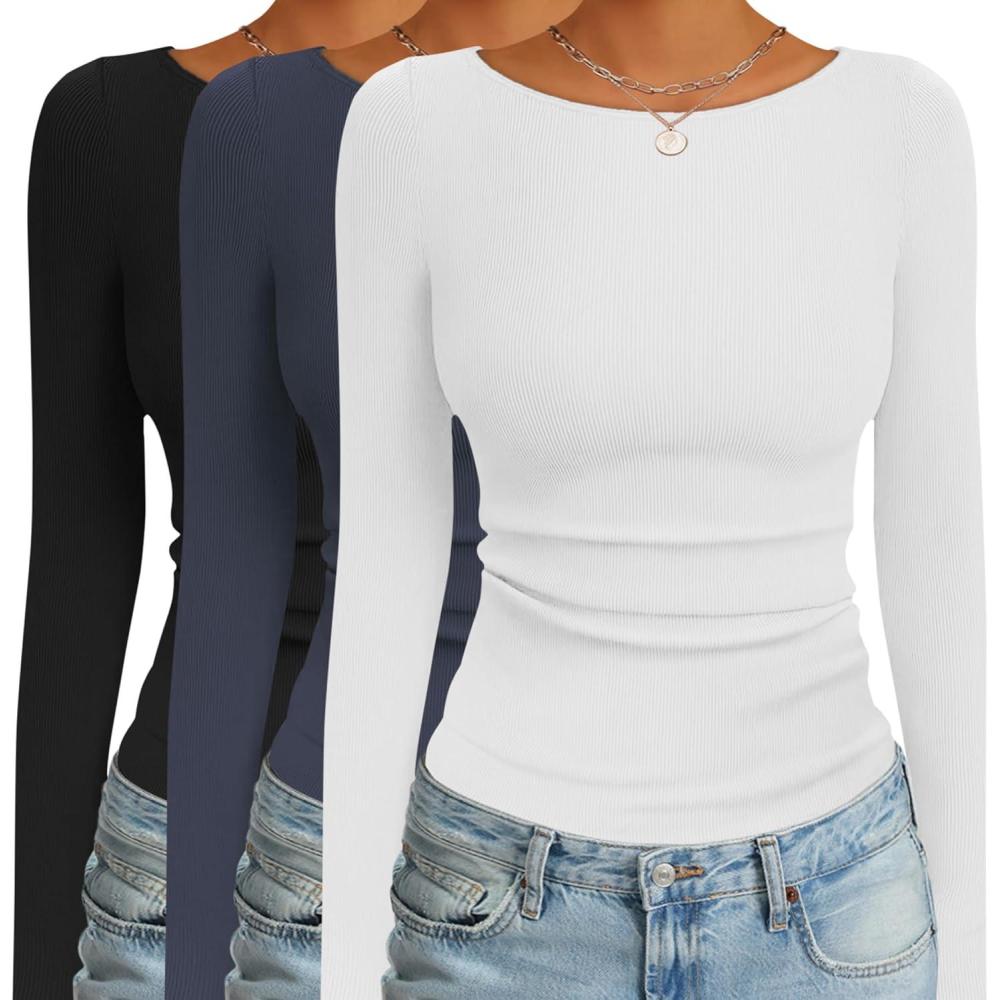 imageEkouaer 3 Pack Womens Long Sleeve Shirts Boat Neck Ribbed Thermal Undershirts Lightweight Basic Top XSXXLBlackWhiteGrey