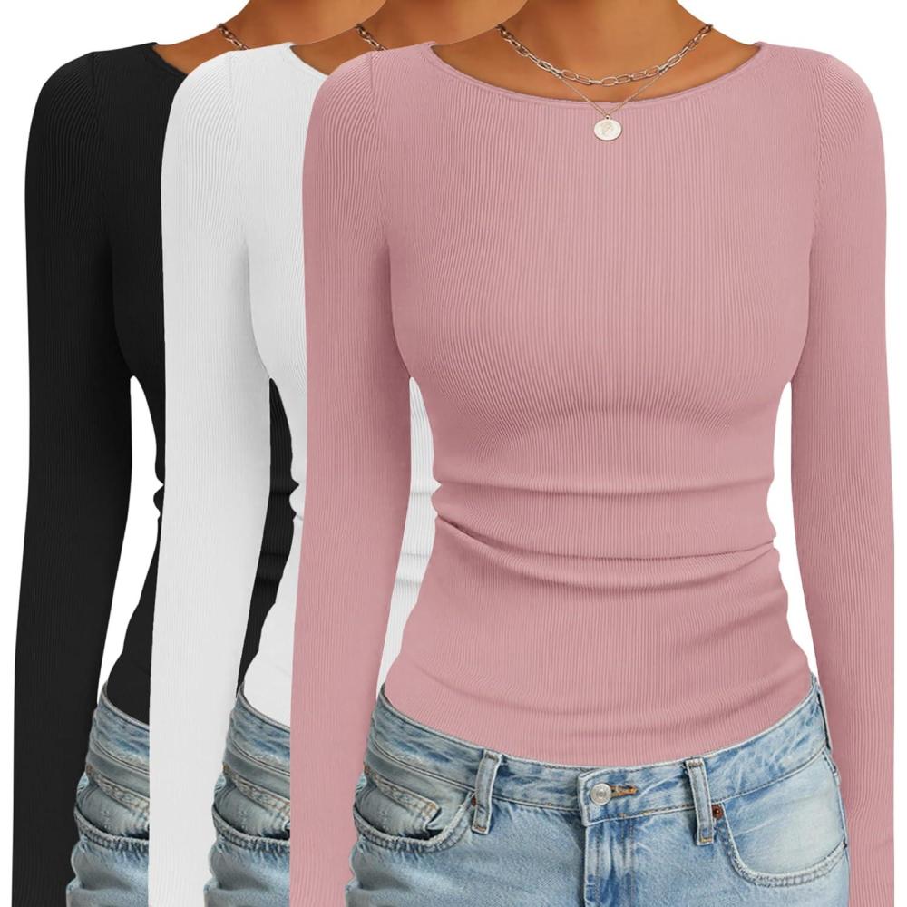 imageEkouaer 3 Pack Womens Long Sleeve Shirts Boat Neck Ribbed Thermal Undershirts Lightweight Basic Top XSXXLBlackWhitePink