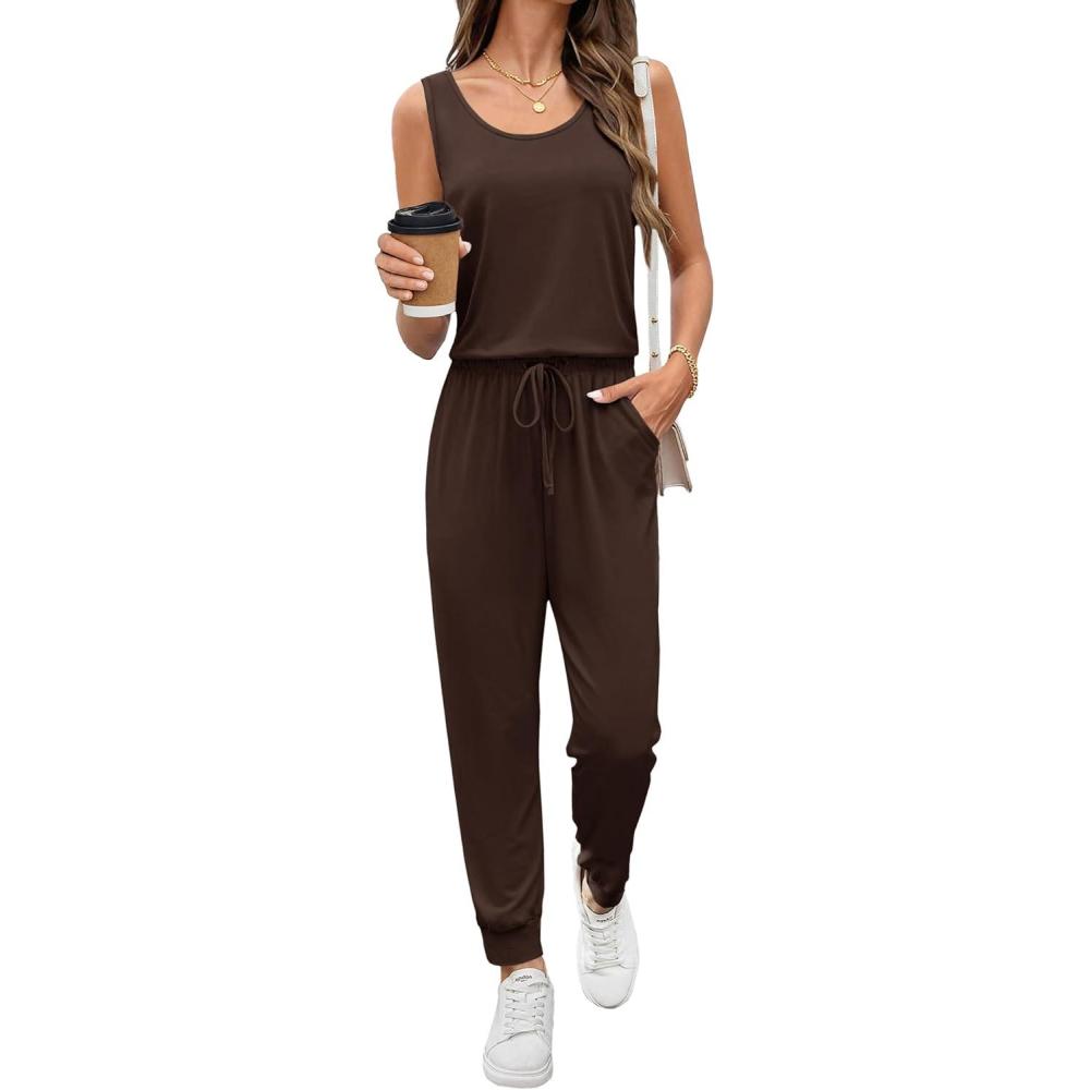 imageEkouaer Jumpsuits for Women Casual Sleeveless 2026 Summer Romper Dressy Vacation One Piece Outfits Fashion Travel ClothesBrown