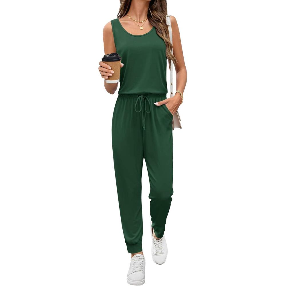 imageEkouaer Jumpsuits for Women Casual Sleeveless 2026 Summer Romper Dressy Vacation One Piece Outfits Fashion Travel ClothesDark Green
